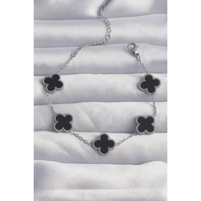 BUĞZ 316L Çelik Gümüş Renk Siyah Mineli Yonca Bileklik