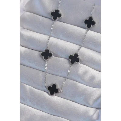 BUĞZ 316L Çelik Gümüş Renk Siyah Mineli Yonca Kolye