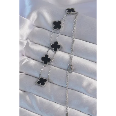 BUĞZ 316L Çelik Gümüş Renk Siyah Mineli Yonca Kolye - Lisinya