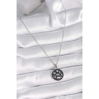 BUĞZ 316L Çelik Gümüş Renk Siyah Renk Şans Kolyesi - BUĞZ