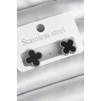 BUĞZ 316L Çelik Gümüş Renk Siyah Yonca Model Kadın Küpe