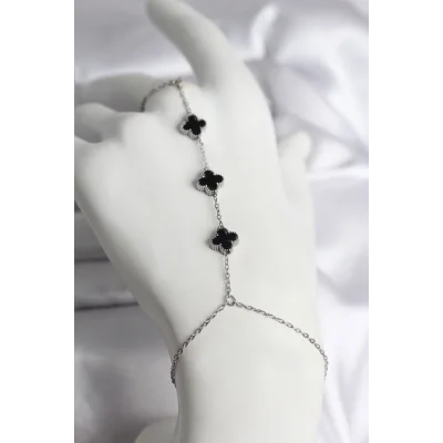 BUĞZ 316L Çelik Gümüş Renk Siyah Yonca Model Kadın Şahmeran