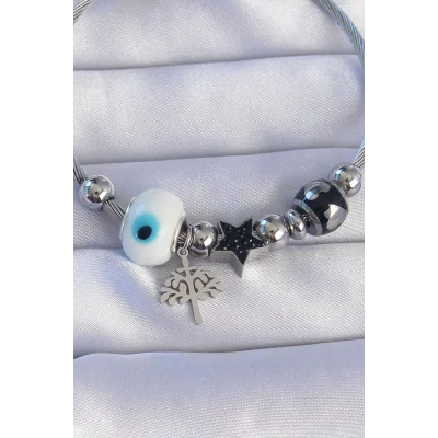 BUĞZ 316L Çelik Gümüş Renk Siyah Zirkon Taşlı Yıldız Tasarımlı Ağaç Detay Nazarlı Charm Bileklik - Lisinya