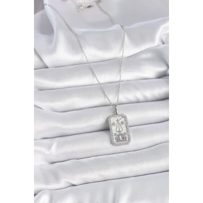 BUĞZ 316L Çelik Gümüş Renk Terazi Burcu Zirkon Taşlı Kadın Kolye - BUĞZ