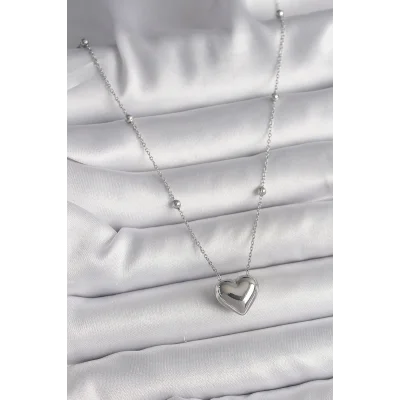 BUĞZ 316L Çelik Gümüş Renk Topçuk Detay Zincir Kalp Model Kadın Kolye - BUĞZ