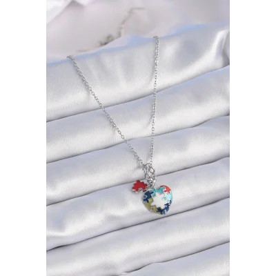 BUĞZ 316L Çelik Gümüş Renk Yapboz Motif Kalp Figür Charm Model Kadın Kolye - Lisinya