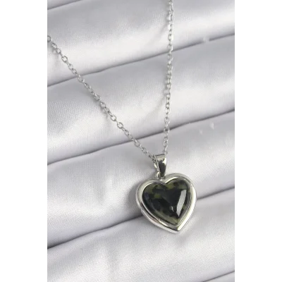 BUĞZ 316L Çelik Gümüş Renk Yeşil Mineli Kalp Model Kadın Kolye