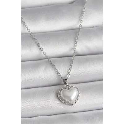 BUĞZ 316L Çelik Gümüş Renk Zincir 3D İnci Kalp Model Kadın Kolye