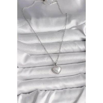BUĞZ 316L Çelik Gümüş Renk Zincir 3D İnci Kalp Model Kadın Kolye - Lisinya