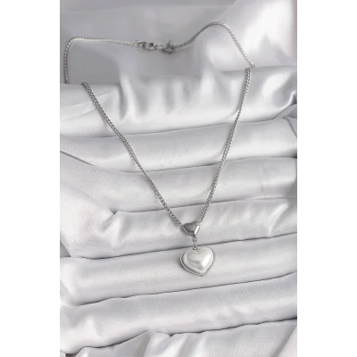 BUĞZ 316L Çelik Gümüş Renk Zincir 3D Kalp Model Kadın Kolye - BUĞZ