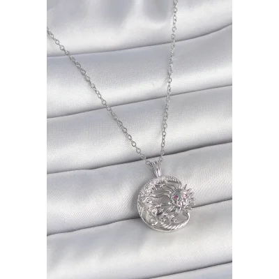 BUĞZ 316L Çelik Gümüş Renk Zincir Ay Güneş Model Zirkon Taş Detay Kadın Kolye