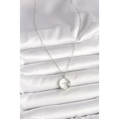 BUĞZ 316L Çelik Gümüş Renk Zincir Beyaz Mineli Gün Batımı Model Kadın Kolye - Lisinya
