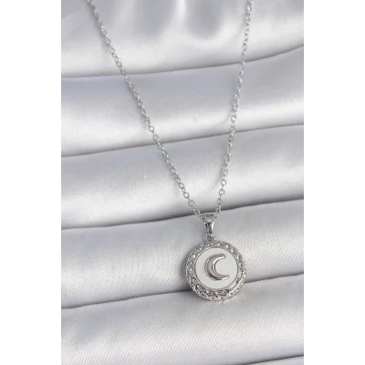 BUĞZ 316L Çelik Gümüş Renk Zincir Beyaz Mineli Hilal İşlemeli Madalyon Model Kadın Kolye
