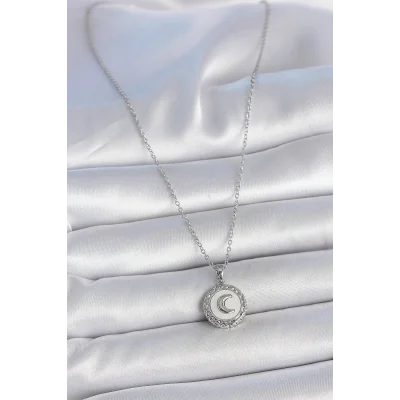 BUĞZ 316L Çelik Gümüş Renk Zincir Beyaz Mineli Hilal İşlemeli Madalyon Model Kadın Kolye - Lisinya