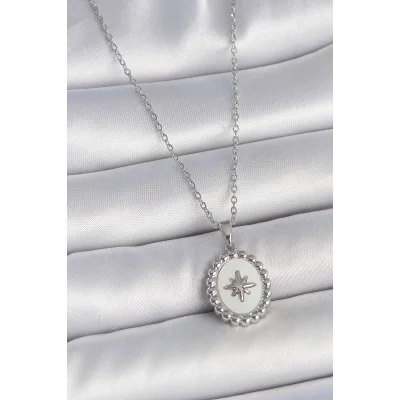 BUĞZ 316L Çelik Gümüş Renk Zincir Beyaz Mineli Kutup Yıldız İşlemeli Madalyon Model Kadın Kolye