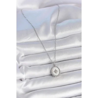 BUĞZ 316L Çelik Gümüş Renk Zincir Beyaz Mineli Kutup Yıldız İşlemeli Madalyon Model Kadın Kolye - Lisinya