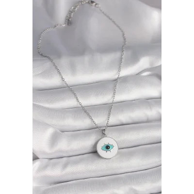 BUĞZ 316L Çelik Gümüş Renk Zincir Beyaz Mineli Turkuaz Göz İşleme Model Kadın Kolye - BUĞZ