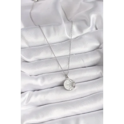 BUĞZ 316L Çelik Gümüş Renk Zincir Beyaz Sedefli Gün Batımı Model Kadın Kolye - BUĞZ