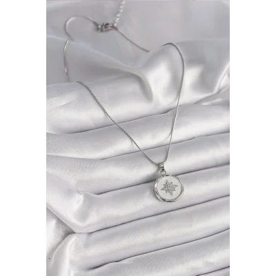 BUĞZ 316L Çelik Gümüş Renk Zincir Beyaz Sedefli Zirkon Taşlı Yıldız İşleme Model Kadın Kolye - Lisinya