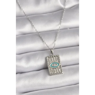 BUĞZ 316L Çelik Gümüş Renk Zincir Göz İşlemeli Madalyon Model Kadın Kolye