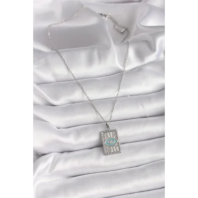 BUĞZ 316L Çelik Gümüş Renk Zincir Göz İşlemeli Madalyon Model Kadın Kolye - BUĞZ