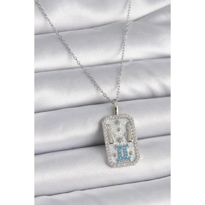 BUĞZ 316L Çelik Gümüş Renk Zincir İkizler Burcu Zirkon Taşlı Kadın Kolye