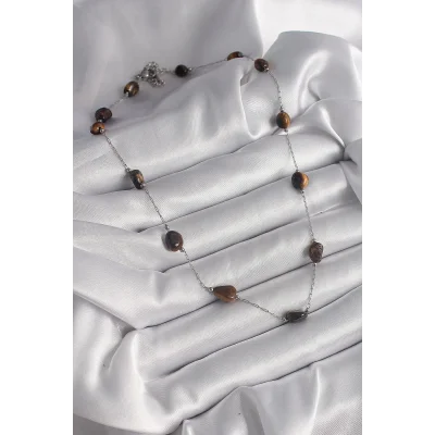 BUĞZ 316L Çelik Gümüş Renk Zincir Kahverengi Doğaltaş Model Kadın Kolye - BUĞZ