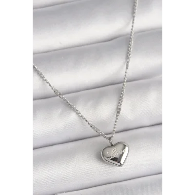 BUĞZ 316L Çelik Gümüş Renk Zincir Love İşleme Kalp Figür Kadın Kolye