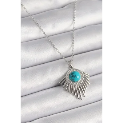 BUĞZ 316L Çelik Gümüş Renk Zincir Mavi Boncuklu Zirkon Taşlı Kadın Kolye