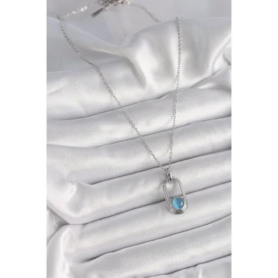 BUĞZ 316L Çelik Gümüş Renk Zincir Mavi Kedi Göz Model Kadın Kolye - Lisinya