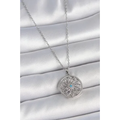 BUĞZ 316L Çelik Gümüş Renk Zincir Mavi Taşlı Lotus Model Kadın Kolye