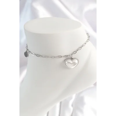 BUĞZ 316L Çelik Gümüş Renk Zincir Model 3D Kalp Beyaz Kalp Figür Kadın HalHal