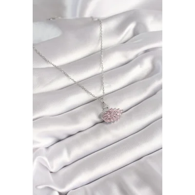 BUĞZ 316L Çelik Gümüş Renk Zincir Pembe Zirkon Taşlı Kuğu Model Kadın Kolye - BUĞZ