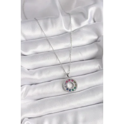 BUĞZ 316L Çelik Gümüş Renk Zincir Renkli Zirkon Taşlı Madalyon Model Kadın Kolye - BUĞZ