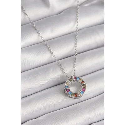 BUĞZ 316L Çelik Gümüş Renk Zincir Renkli Zirkon Taşlı Xoxo Model Kadın Kolye