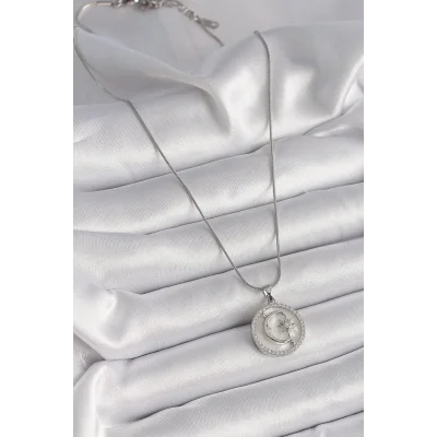 BUĞZ 316L Çelik Gümüş Renk Zincir Zirkon Taş Detaylı Beyaz Sedefli Ay Yıldız İşleme Kadın Kolye - Lisinya