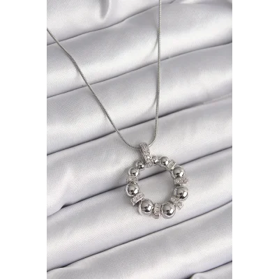 BUĞZ 316L Çelik Gümüş Renk Zincir Zirkon Taş Detaylı Bombeli Halka Model Kadın Kolye