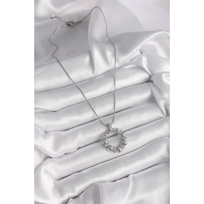 BUĞZ 316L Çelik Gümüş Renk Zincir Zirkon Taş Detaylı Bombeli Halka Model Kadın Kolye - BUĞZ