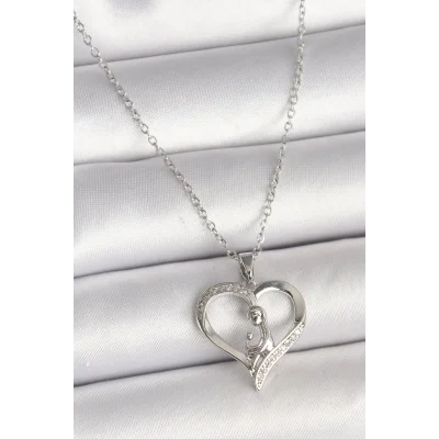 BUĞZ 316L Çelik Gümüş Renk Zincir Zirkon Taş Detaylı Kalp Model Kadın Kolye