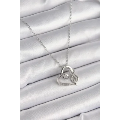 BUĞZ 316L Çelik Gümüş Renk Zincir Zirkon Taş Detaylı Kalp Model Sonsuzluk Detay Kadın Kolye