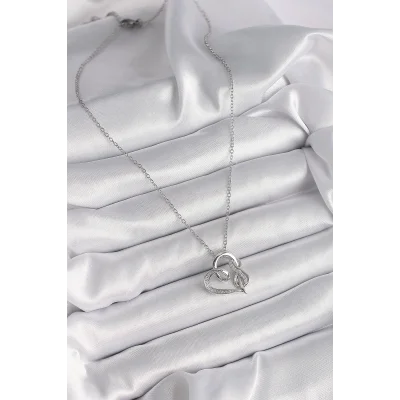 BUĞZ 316L Çelik Gümüş Renk Zincir Zirkon Taş Detaylı Kalp Model Sonsuzluk Detay Kadın Kolye - BUĞZ