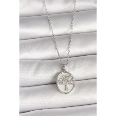 BUĞZ 316L Çelik Gümüş Renk Zincir Zirkon Taş İşlemeli Beyaz Mineli Ağaç İşlemeli Portre Model Kadın Kolye