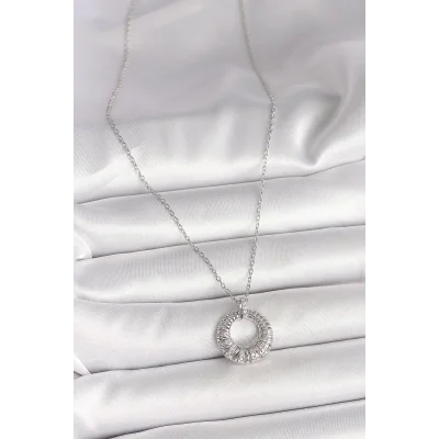 BUĞZ 316L Çelik Gümüş Renk Zincir Zirkon Taş İşlemeli Daire Model Kadın Kolye - Lisinya