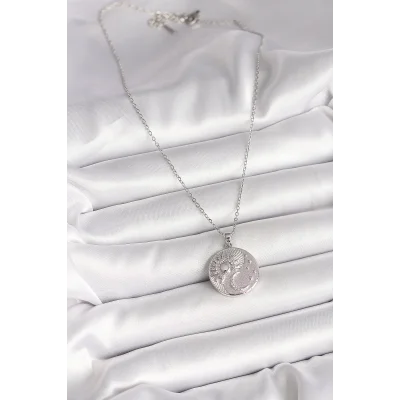 BUĞZ 316L Çelik Gümüş Renk Zincir Zirkon Taşlı Ay Güneş İşlemeli Madalyon Model Kadın Kolye - Lisinya
