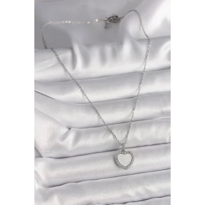 BUĞZ 316L Çelik Gümüş Renk Zincir Zirkon Taşlı Beyaz Mineli Kalp Model Kadın Kolye - BUĞZ