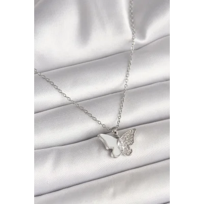 BUĞZ 316L Çelik Gümüş Renk Zincir Zirkon Taşlı Beyaz Mineli Kelebek Model Kadın Kolye