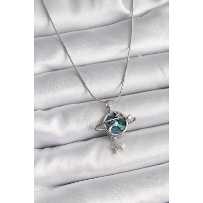 BUĞZ 316L Çelik Gümüş Renk Zincir Zirkon Taşlı Gezegen Model Kadın Kolye