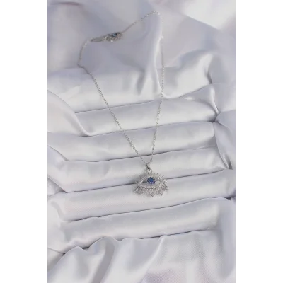 BUĞZ 316L Çelik Gümüş Renk Zincir Zirkon Taşlı Göz Model Kadın Kolye - BUĞZ