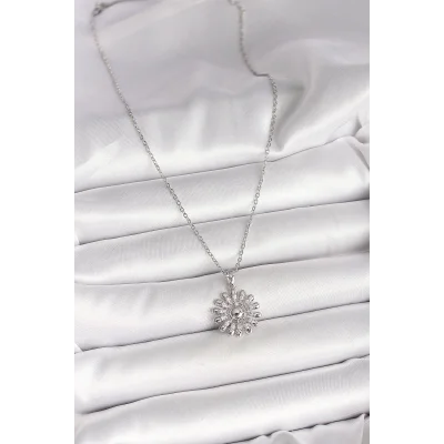 BUĞZ 316L Çelik Gümüş Renk Zincir Zirkon Taşlı Güneş Model Kadın Kolye - Lisinya