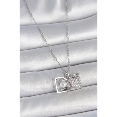 BUĞZ 316L Çelik Gümüş Renk Zincir Zirkon Taşlı İncili Açılır Elmas Model Kadın Kolye